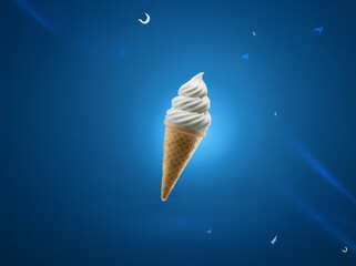 Poster - A single serving of soft serve ice cream in a waffle cone is set against a bright blue background.