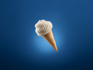 Poster - A single scoop of soft serve ice cream in a waffle cone against a blue background.