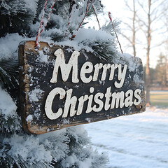 Merry Christmas sign hanging on snowy tree, creating festive winter atmosphere. rustic wooden sign adds charm to holiday season, inviting joy and celebration