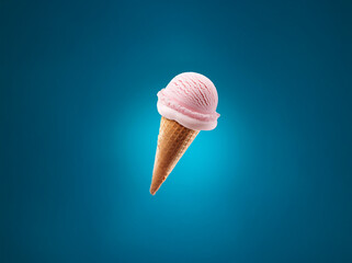 Poster - A single scoop of pink ice cream sits in a waffle cone against a blue background.