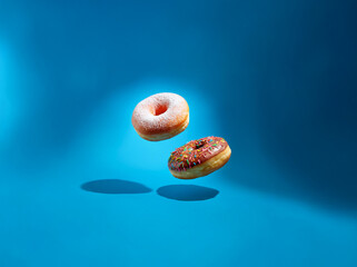 Aufkleber - Two donuts, one with powdered sugar and the other with chocolate glaze and sprinkles, float against a bright blue background.