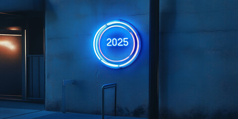 Neon sign showing year 2025 on building facade at night