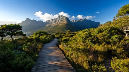 Poster - A wooden walkway leads through lush greenery towards a majestic mountain range under a bright blue sky.