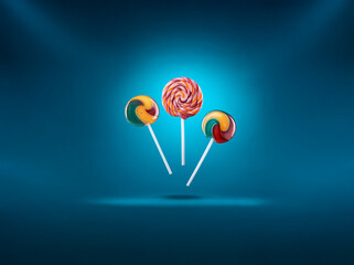 Aufkleber - Three colorful lollipops on sticks with swirl patterns against a blue background.