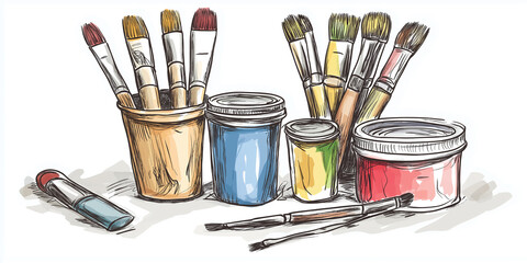 Poster - Paintbrushes standing in jars and paint tubes ready for painting