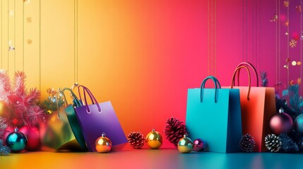Poster - Bright and colorful shopping banner with holiday bags, ornaments, and room for festive messaging