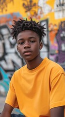 A teenage boy in an orange T-shirt sits on a skateboard at a graffiti-filled skatepark