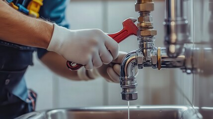 A plumber repairs a sink faucet, using a wrench to tighten fittings, showcasing craftsmanship and maintenance skills.