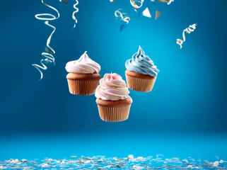 Aufkleber - Three cupcakes with colorful frosting against a blue background.
