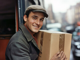 A smiling young delivery boy, holding a package in his hand, late 1950s. 