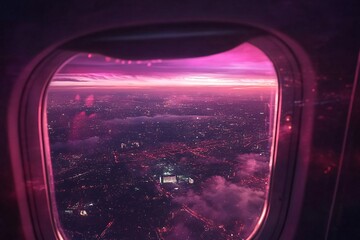 Stunning twilight view from an airplane window overlooking a vibrant city skyline illuminated at dusk