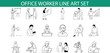 © Bappaditya Roy - A set of 18 line art illustrations depicting office workers in various poses and activities, including presenting, reading, working on computers, and talking on the phone.