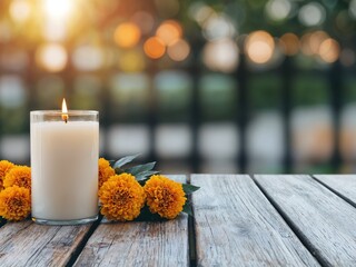 Aufkleber - White candle burning with marigold flowers on a wooden table with a blurred background