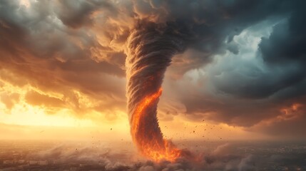 A majestic tornado of fire and fury nature's unleashed power captured under dramatic skies at sunset