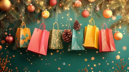Poster - Seasonal shopping banner featuring colorful paper bags and glittery Christmas decorations.