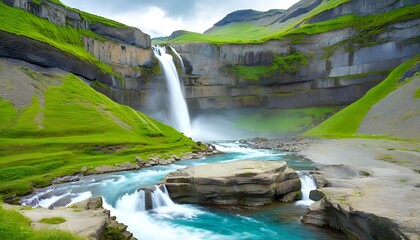 Beautiful waterfall in the valley with verdant scenery.