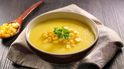 Cream corn soup in a bowl. Healthy vegetarian food.