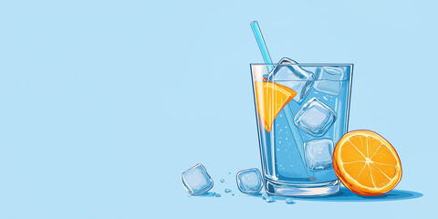 Poster - Blue cocktail with ice cubes and orange slice on blue background