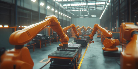 Aufkleber - Robotic arms manufacturing line operating in factory