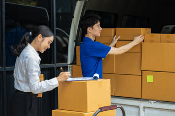 Asian delivery man deliver box parcel package to customer at home in the sun, shipping delivery concept.