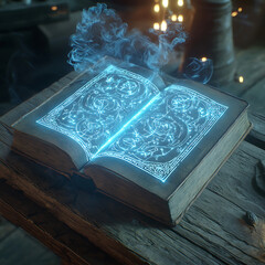 Enchanted book glowing with mystical symbols and smoke