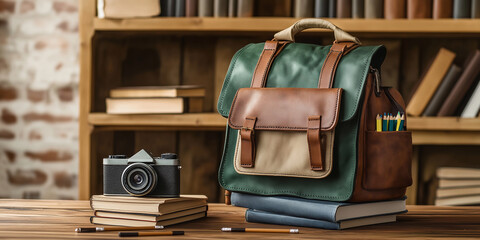Poster - Backpack, camera and books are sitting on a wooden table in a library