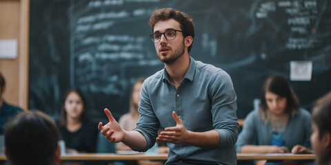 Poster - Young college professor explaining lesson to students in classroom