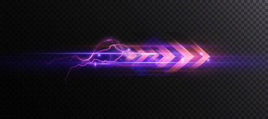 Poster - Light trail high speed light movement. High speed arrow with lightning bright purple glowing lines. Vector