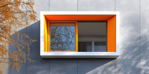 Aufkleber - Modern building facade with orange window reflecting autumn tree