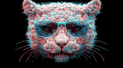 Wall Mural - Close-up portrait of a cool, stylized leopard wearing blue-framed glasses against a black background.