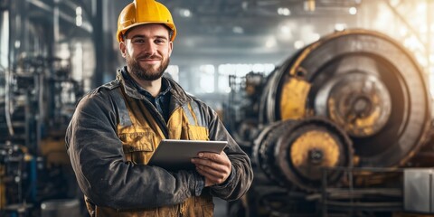 A heavy industry worker standing in a busy factory, holding a tablet with both hands and smiling confidently at the camera, surrounded by large machinery and industrial equipment in the background.