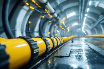 A modern industrial tunnel with yellow pipes and ambient lighting.