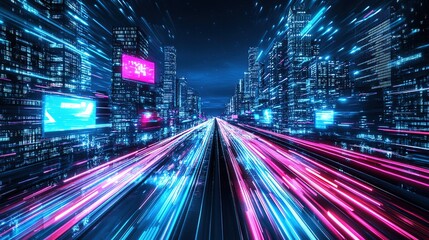 Poster - Futuristic Cyberpunk Cityscape with blue and pink light trails, portraying a sci-fi downtown scene at night with skyscrapers, highways, and billboards, depicted in a 3D illustration