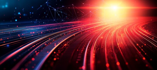 Poster - Abstract Digital Data Flowing in a Glowing Red Cyber Space, Technology and Big Data Background.