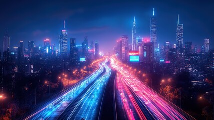 Poster - Futuristic Cyberpunk Cityscape with blue and pink light trails, portraying a sci-fi downtown scene at night with skyscrapers, highways, and billboards, depicted in a 3D illustration