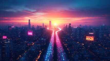 Poster - Futuristic Cyberpunk Cityscape with blue and pink light trails, portraying a sci-fi downtown scene at night with skyscrapers, highways, and billboards, depicted in a 3D illustration