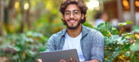 Poster - Smiling Young Man with Glasses Using Tablet, Outdoor Portrait, Technology and Education Concept