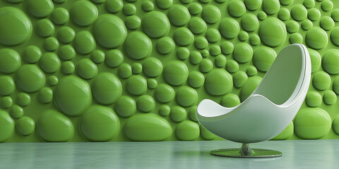 Poster - Modern white egg chair standing in front of green bubble wall in empty room