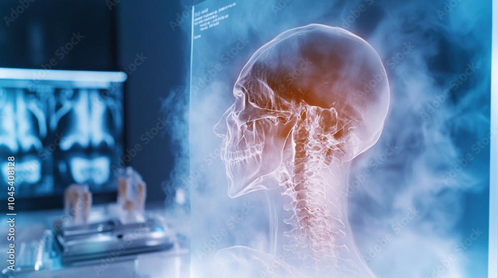 X ray image of human skull and spine, showcasing detailed anatomy and ...