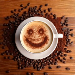 Wall Mural - Cappuccino with smiling face in cocoa and coffee beans on the side