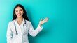 © SUCCESS HOLDINGS - A cheerful female doctor in a white lab coat, smiling and gesturing with one hand against a bright turquoise background, conveying a welcoming and professional healthcare atmosphere