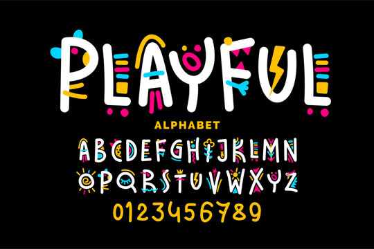 Playful style font design, childish alphabet letters and numbers vector illustration