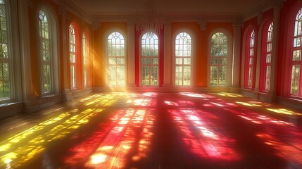 bright representation of colorful art gallery with vibrant light streaming through large windows, casting beautiful shadows on floor. warm hues create inviting atmosphere