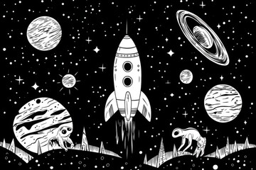 Spacecraft launching into space with aliens watching from a planet. Black and white children's coloring page