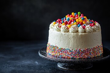 Delicious birthday cake decorated with sprinkles and candy on dark background