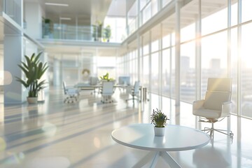 Blurred background of modern office interior with furniture and sunlight