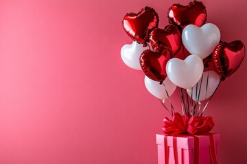 A festive arrangement of heart-shaped balloons tied to a gift box with a red ribbon against a textured pink backdrop