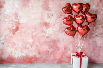 A festive arrangement of heart-shaped balloons tied to a gift box with a red ribbon against a textured pink backdrop