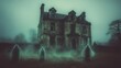 © LOGYARTISME - Three ghostly figures stand in front of an old, abandoned house in the mist.