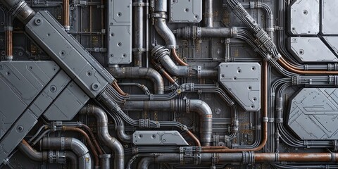 Wall Mural - Futuristic Tech Wall with Wires and Pipes